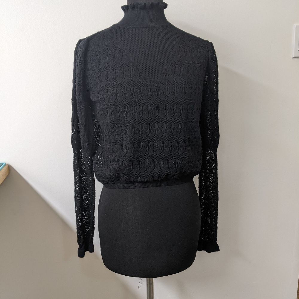 Zara sz L black lacey turtleneck sweater puff sleeves